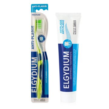 Elgydium Antiplaque Паста за зъби антиплака 75 мл + Elgydium Antiplaque Четка за зъби антиплака медиум Комплект