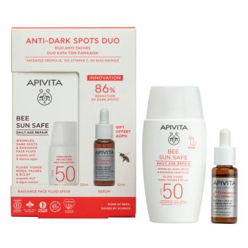 Apivita Bee Sun Safe Слънцезащитен флуид против стареене SPF50 50 мл + Apivita C15 Propolis Correct Антиоксидантен коригиращ серум 10 мл Комплект