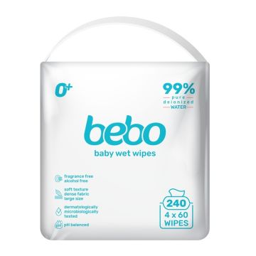 Bebo Влажни кърпички 99% вода с капак 4 х 60 бр
