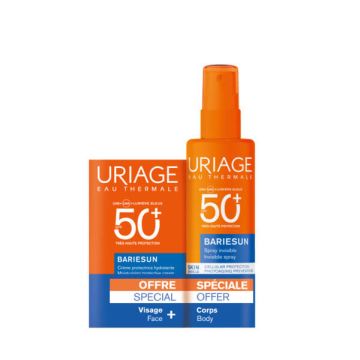 Uriage Bariesun Skin Shield Слънцезащитен хидратиращ крем за лице SPF50+ 50 мл + Uriage Bariesun Skin Shield Слънцезащитен спрей за тяло SPF50+ 200 мл Комплект