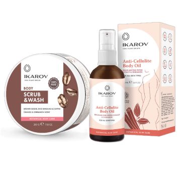 Ikarov Измивен скраб за тяло с кафе 200 г + Ikarov Антицелулитно масло за тяло с екстракт от бразилски розов пипер и канела 100 мл Комплект