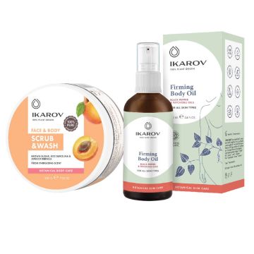 Ikarov Измивен скраб за лице и тяло с кайсиеви трици 200 г + Ikarov Стягащо масло за тяло 100 мл Комплект