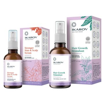 Ikarov Стимулант за растеж на косата с абсолю от коприва 100 мл + Ikarov Заздравяващ серум за коса и скалп с масло от кестен за увредена и оредяваща коса 50 мл