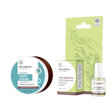 Ikarov Подхранващ серум за нокти и кожички 10 мл + Ikarov Крем за ръце с пребиотик и пантенол 50 мл Комплект