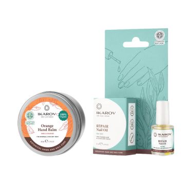 Ikarov Възстановяващо масло за нокти с чаено дърво за напукани и обезцветени нокти 10 мл + Ikarov Органичен балсам за ръце портокал за нормална и суха кожа 50 мл Комплект