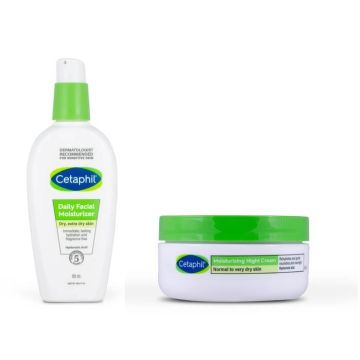 Cetaphil Ежедневен хидратиращ крем за лице за суха и много суха кожа 88 мл + Хидратиращ нощен крем за за лице за нормална до много суха кожа 48 мл Комплект 