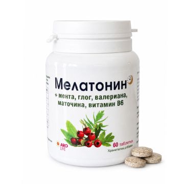 Aro Life Мелатонин + мента, глог, валериана, маточина, витамин В6 х 60 таблетки