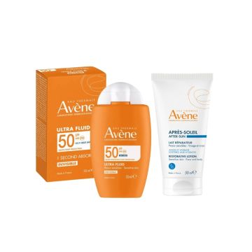 Avene Слънцезащитен Ултра флуид за лице SPF50+ 50 мл + Възстановяващ лосион след слънце 50 мл Комплект 