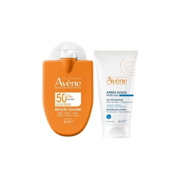 Avene Sun Reflexe Слънцезащитен флуид за лице и тяло за цялото семейство SPF50+ 30 мл + Възстановяващ лосион след слънце 50 мл Комплект 