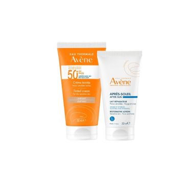 Avene Слънцезащитен тониран крем за лице за чувствителна кожа SPF50+ 50 мл + Възстановяващ лосион след слънце 50 мл Комплект 