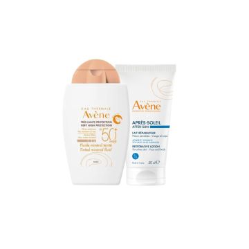 Avene Слънцезащитен минерален тониран флуид SPF50+ 40 мл + Възстановяващ лосион след слънце 50 мл Комплект 