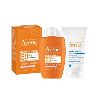 Аven Sun Слънцезащитен озаряващ ултра флуид SPF50+ 50 мл + Възстановяващ лосион след слънце 50 мл Комплект 