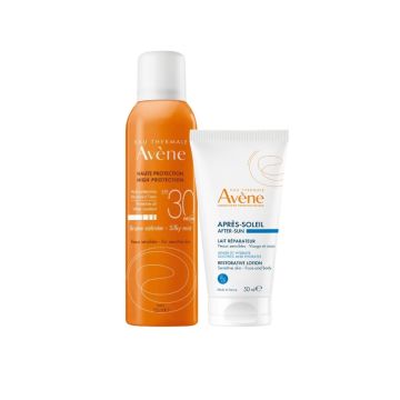 Avene Слънцезащитен сатенен спрей за тяло SPF30 150 мл + Възстановяващ лосион след слънце 50 мл Комплект 