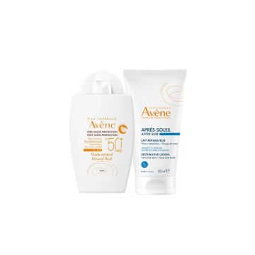 Avene Слънцезащитен минерален флуид за лице за чувствителна и нетолерантна кожа SPF50+ 40 мл + Възстановяващ лосион след слънце 50 мл Комплект 