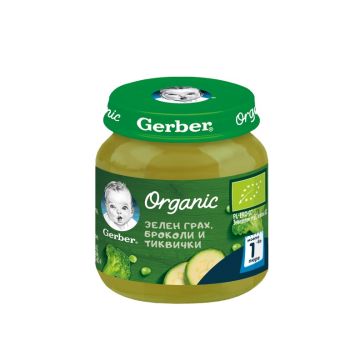 GERBER® Organic Храна за бебета Зелен грах броколи и тиквички пюре Моето първо пюре бурканче 125 гр