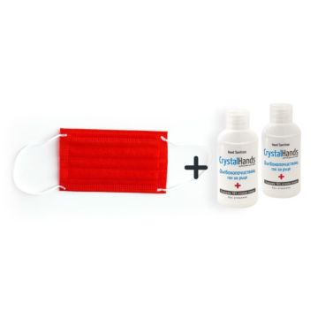 Комплект Dor-Dis Медицинска трислойна еднократна маска за деца червена 10 бр + CrystalHands Дълбокопочистващ антибактериален гел за ръце 50 мл 2 бр