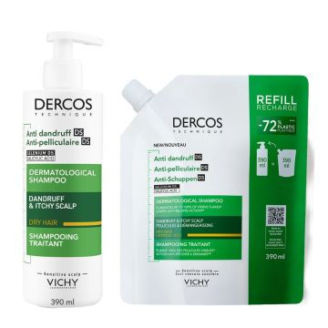 Vichy Dercos шампоан срещу пърхот при сух скалп + еко пълнител
