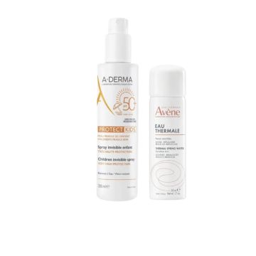 A-Derma Protect Слънцезащитен спрей за тяло за деца невидим SPF50+ 200 мл + Avene Термална вода спрей 50 мл Комплект 