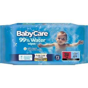 BabyCare 99% Water Бебешки мокри кърпи с органичен екстракт от лайка 99% вода х 72 бр 
