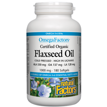 Natural Factors Flaxseed Oil Ленено масло за нормално кръвно налягане и нисък холестерол 1000 мг х 180 софтгел капсули