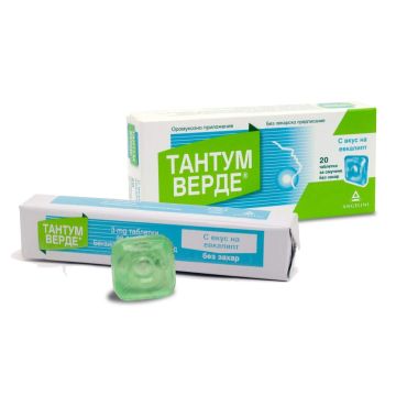 Тантум Верде с вкус на евкалипт при възпалено гърло и болки в устната кухина 3 мг x 20 таблетки Angelini 