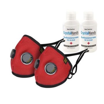 Комплект Eume Protect+ Pro 95 Защитна антибактериална маска с 2 клапана червена 2 бр + CrystalHands Дълбокопочистващ антибактериален гел за ръце 50 мл 2 бр