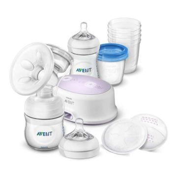 Philips Avent Eлектрическа помпа за кърма Comfort + Avent Natural Шише с биберон с една дупка 0М+ 125 мл и Шише с биберон с една дупка 1М+ 260 мл + Контейнери за съхранение на кърма с капачки 180 мл + Адаптери за контейнер + Еднократни подплънки Комплект