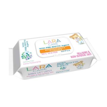Lara Care Pre-Biotic Бебешки мокри кърпички с пребиотик 99% вода с капак 60 бр