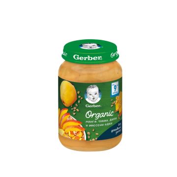 GERBER® Organic Храна за бебета Манго, тиква, дюля и овесени ядки пюре от 9-ия месец бурканче 190 гр