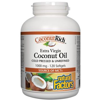 Natural Factors Extra Virgin Coconut Oil студена пресовано кокосово масло - източник на MCTs 1000 мг х 120 софтгел капсули