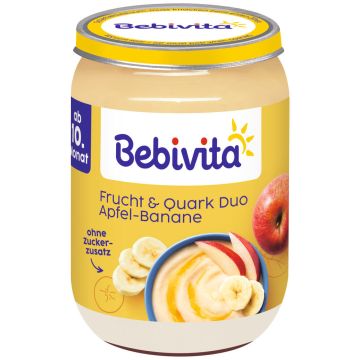 Bebivita Био пюре плодов дует ябълка, банан и извара без глутен 10М+ 190 г