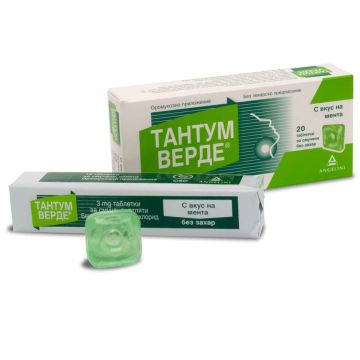 Тантум Верде с вкус на мента при възпалено гърло и болки в устната кухина 3 мг x 20 таблетки Angelini 