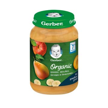 GERBER® Organic Храна за бебета Банан, ябълка, круша и праскова пюре от 7-ия месец бурканче 190 гр