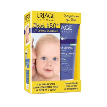 Uriage Bebe 1er Creme Minerale Минерален слънцезащитен крем за бебета и деца SPF50+ 50 мл + Uriage Bebe 1er Нежен пенлив душ-крем за бебета и деца 50 мл Комплект