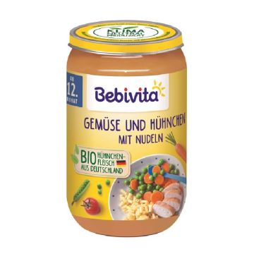 Bebivita Био пюре зеленчуци, нудълс и пилешко 12М + 250 гр