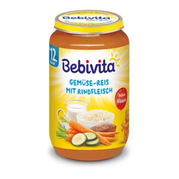 Bebivita пюре зеленчуци, ориз и телешко без глутен 12М+ 250 гр
