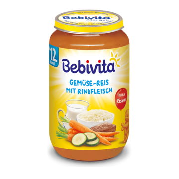 Bebivita пюре зеленчуци, ориз и телешко без глутен 12М+ 250 гр