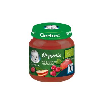GERBER® Organic Храна за бебета Ябълки и малини пюре Моето първо пюре бурканче 125 гр