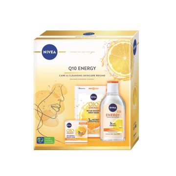 Nivea Q10 Energy Дневен крем против бръчки 50 мл + Мицеларна вода с витамин C 400 мл + Лист маска с витамин C Комплект