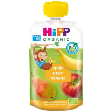 Hipp Organic забавна закуска ябълка, круша и банан 4М+ 100 г