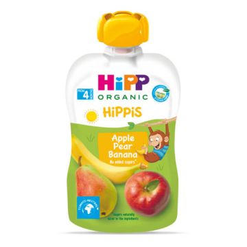 Hipp Organic Забавна закуска ябълка, круша и банан 4М+ 100 г