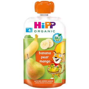 Hipp Organic забавна закуска банан, круша и манго 4М+ 100 г