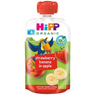 Hipp Organic забавна закуска ябълка, ягоди и банан 4М+ 100 г