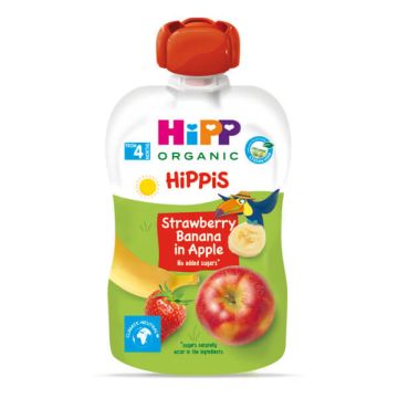 Hipp Organic Забавна закуска ябълка, ягоди и банан 4М+ 100 г