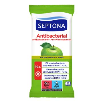 Septona Antibacterial Антибактериални мокри кърпи за ръце с аромат на зелена ябълка 15 бр 