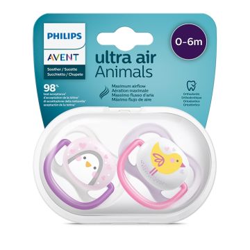 Avent Ultra Air Animals Girl Ортодонтична залъгалка с кутийка 0-6М за момиче x2 бр 
