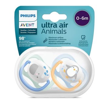 Avent Ultra Air Animals Boy Ортодонтична залъгалка с кутийка 0-6М за момче x2 бр