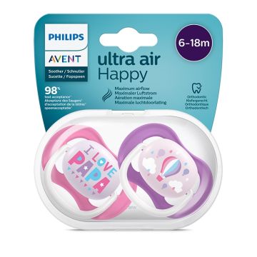 Avent Ultra Air Happy Girl Ортодонтична залъгалка с кутийка за момиче 6-18М x2 бр 