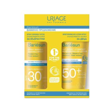 Uriage Bariesun Слънцезащитен спрей за лице и тяло за чувствителна кожа SPF30 200 мл + Uriage Bariesun Слънцезащитен лосион за деца SPF50+ 100 мл Комплект