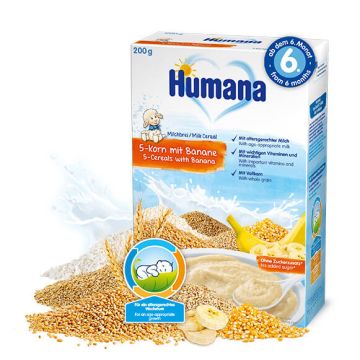 Humana млечна каша 5 зърна с банан 6М+ 200 гр